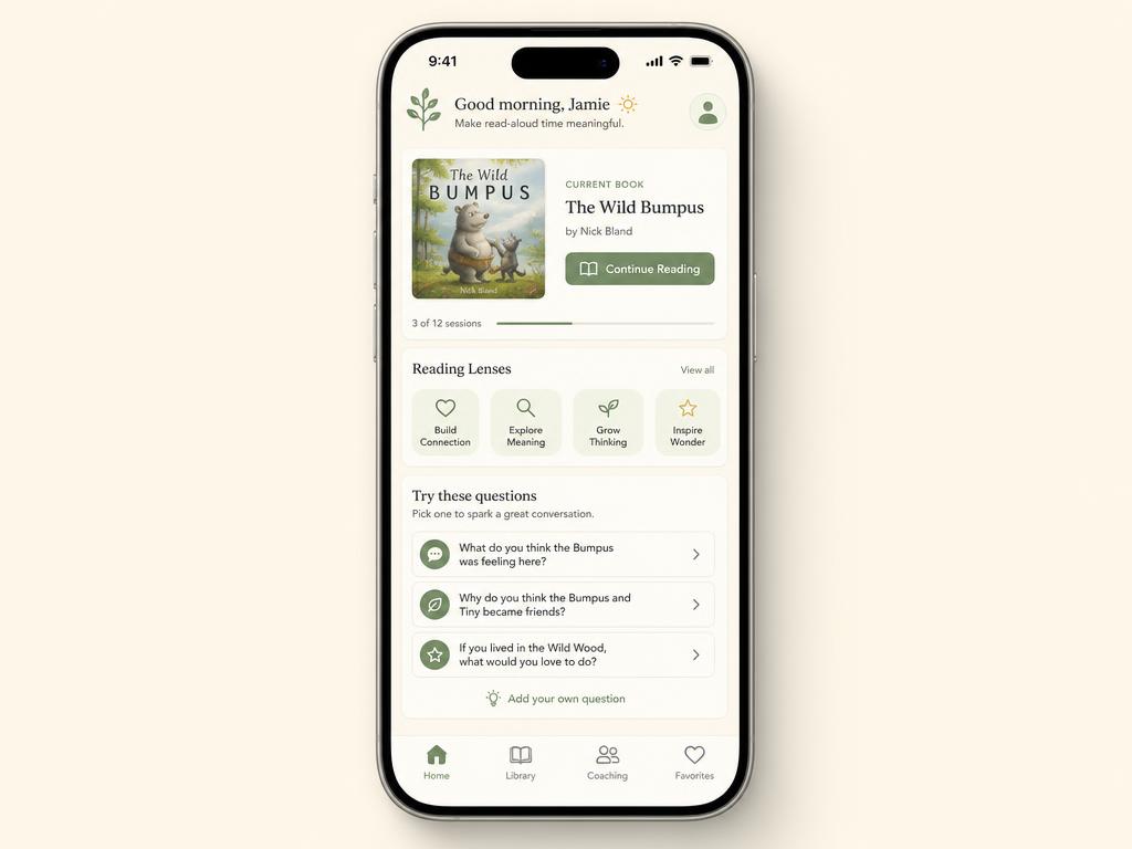 The Storybook Coach app home screen
